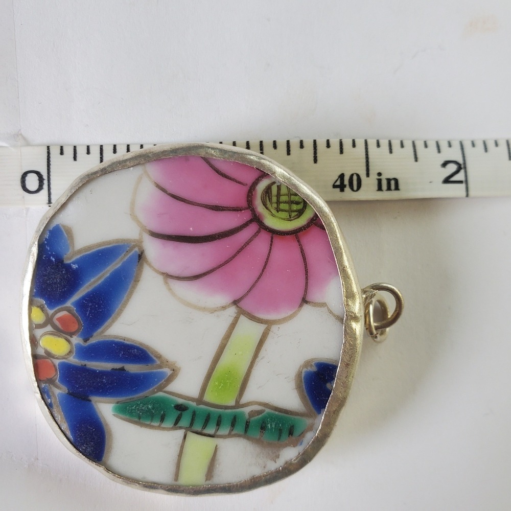 Floral Porcelain Pottery Shard Pendant Pink & Blue Vintage Broken China Jewelry - Picture 6 of 12